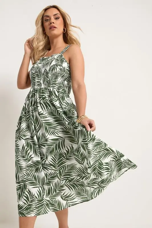 Green Palm Leaf Shirred Linen Maxi Dress