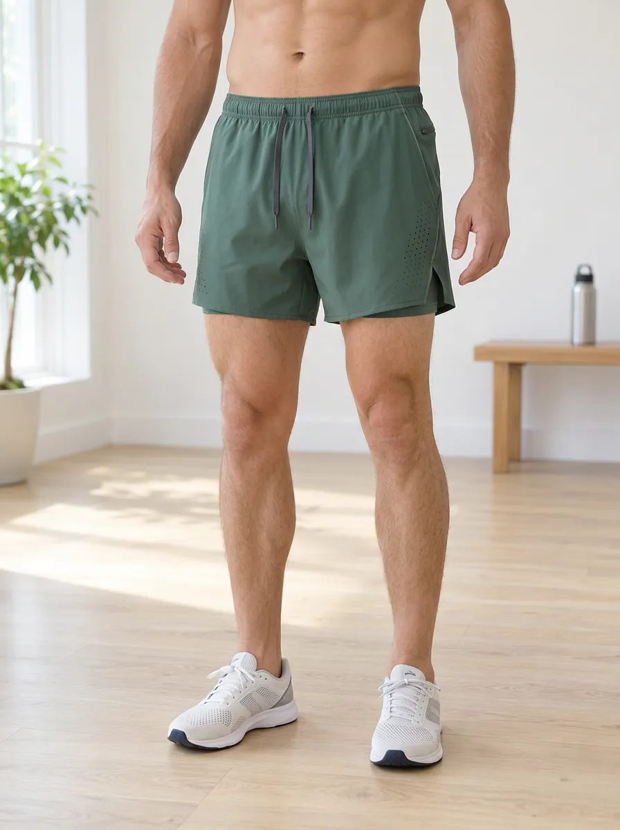 Men's Fitness Training Olive Green Perforated Running Shorts