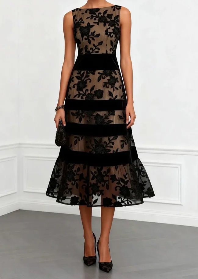 Elegant Flocked Floral Sheer Midi Dress
