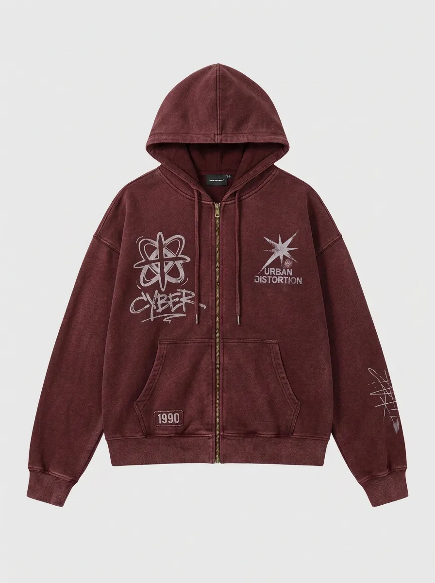 Unisex Streetwear Cyber Urban Distortion Graphic Printed Zip-up Hoodie