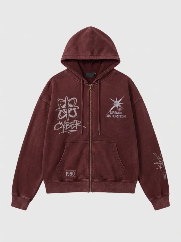 Unisex Streetwear Cyber Urban Distortion Graphic Printed Zip-up Hoodie