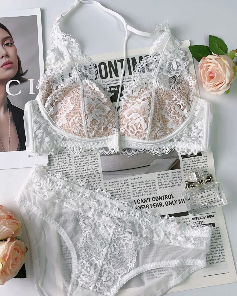 Floral Lace Halter Bralette Panty Set