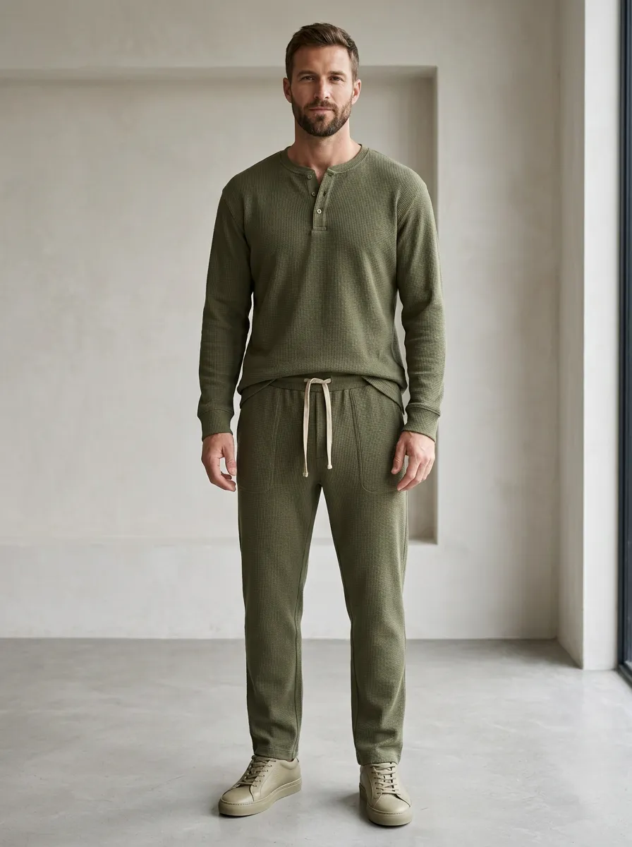 Modern Waffle Knit Henley Jogger Pants Finish Men's Long Sleeve Top and Pants Two Piece Set
