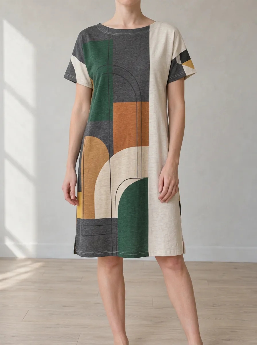 Women's Round Neck Side-Slit Geometric Print Shift Dress