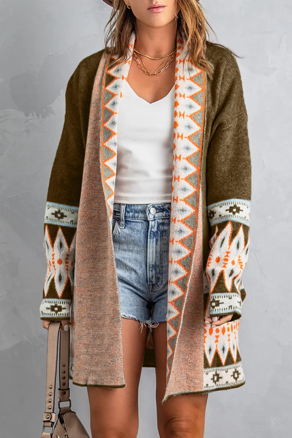 Aztec Print Open Front Knit Textured Knit Cardigan