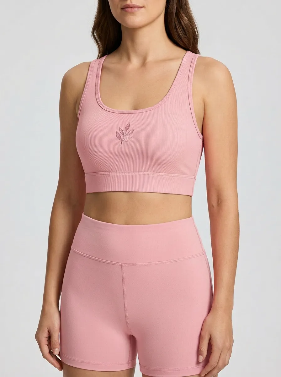 Women's Leaf-Embroidered Scoop-Neck Ribbed Sports Bra