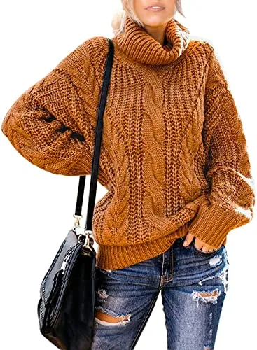 Womens Turtle Cowl Neck Solid Color Soft Comfy Cable Knit Pullover Sweaters S-2XL