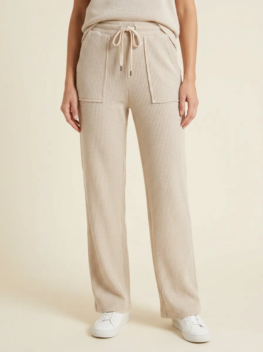 Women's Casual Lounge Beige Waffle Knit Drawstring Pants