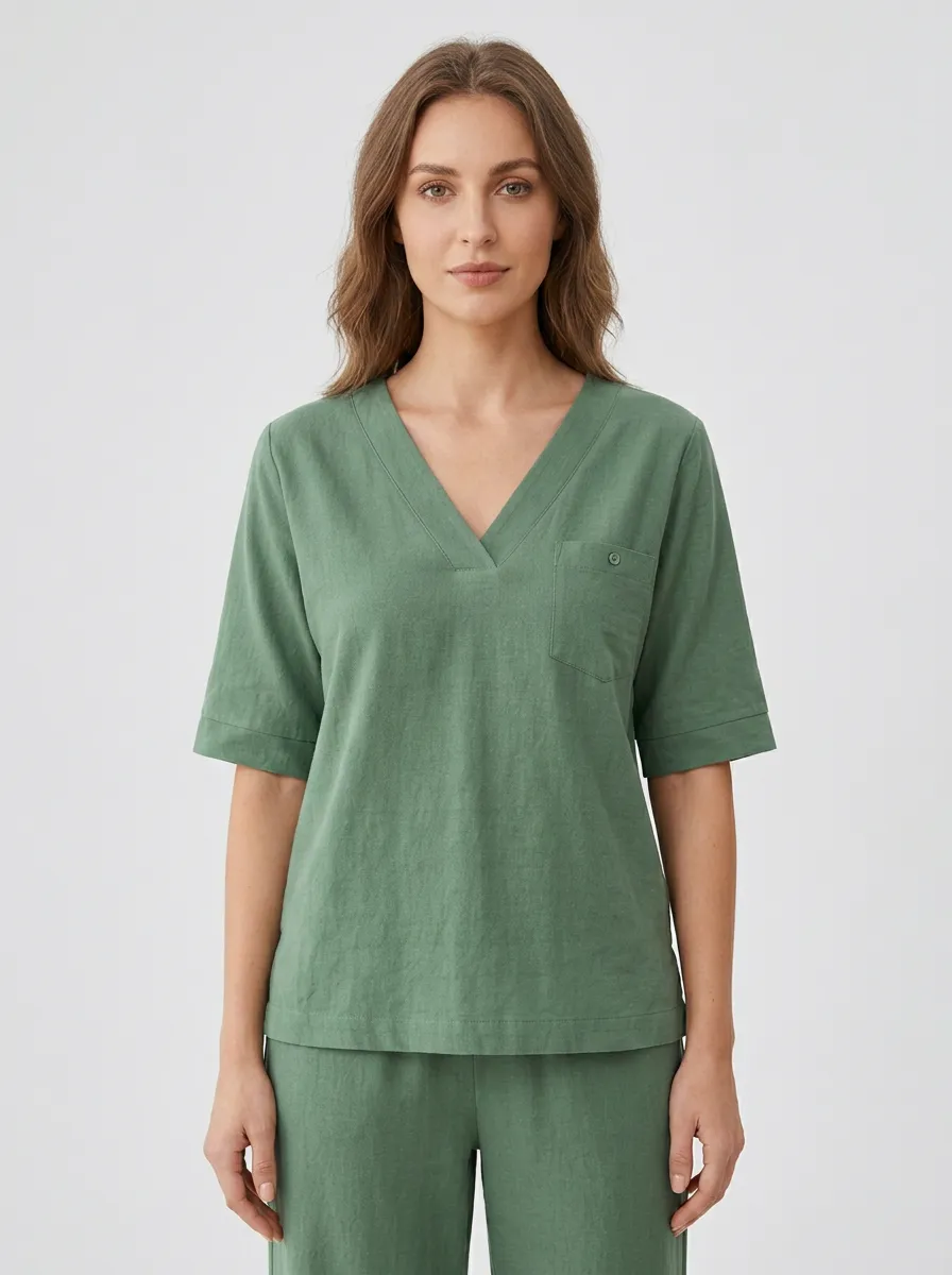 Short-Sleeve Pocket Cotton-Blend Women's V-Neck Shirt