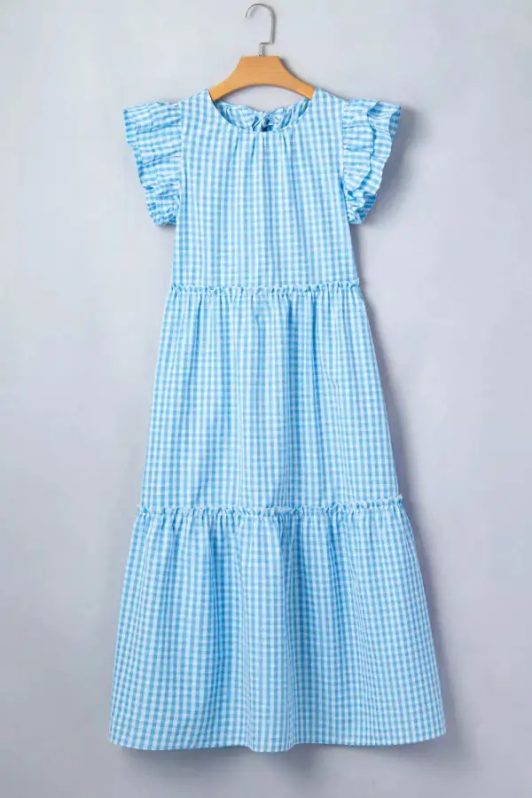 Plaid Ruffle Short Sleeve Maxi Dress
