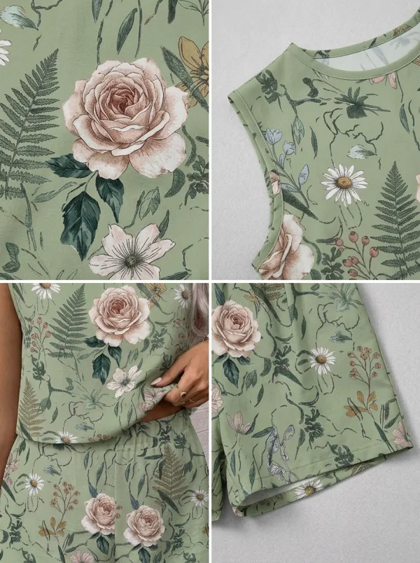 Women's Botanical Floral Rose Printed Sleeveless Shorts Set