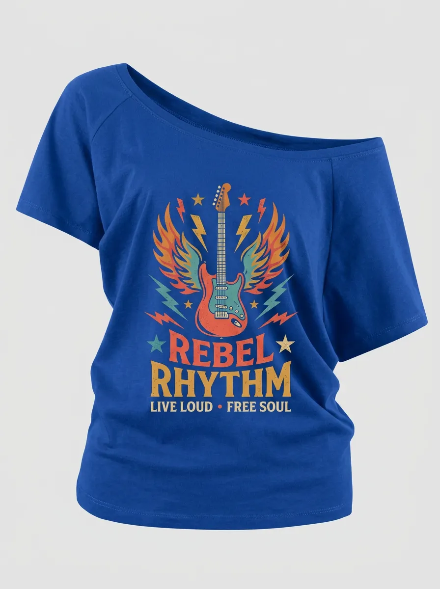 Women's Rock Music Lover Winged Guitar Rebel Rhythm Printed Off-Shoulder Top