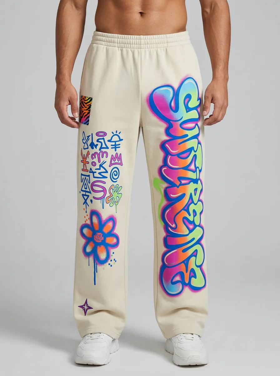 Men's Streetwear Graffiti Flower Printed Jogger Pants