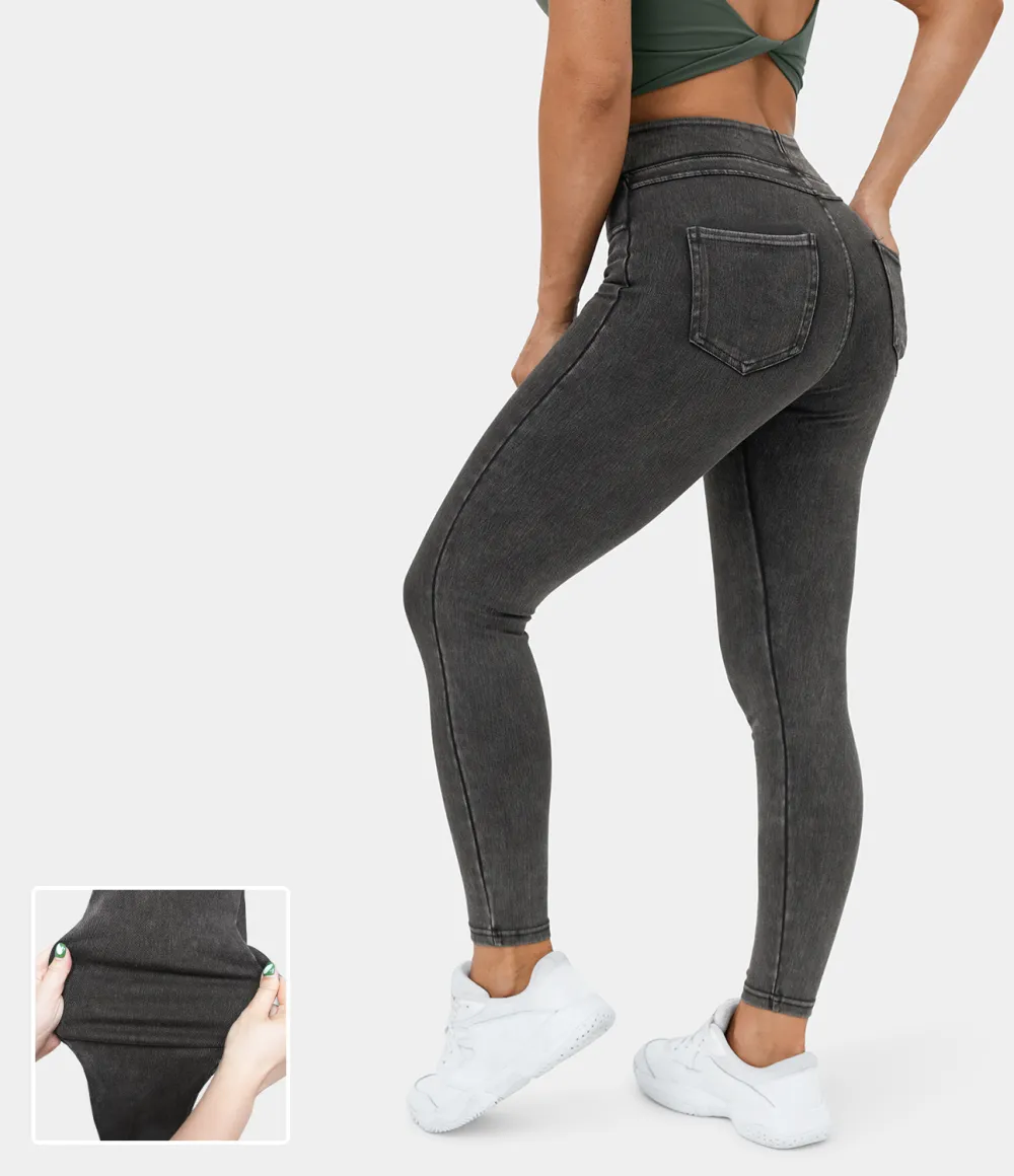 Magic High Waisted Back Side Pocket Stretchy Knit Denim Casual Leggings