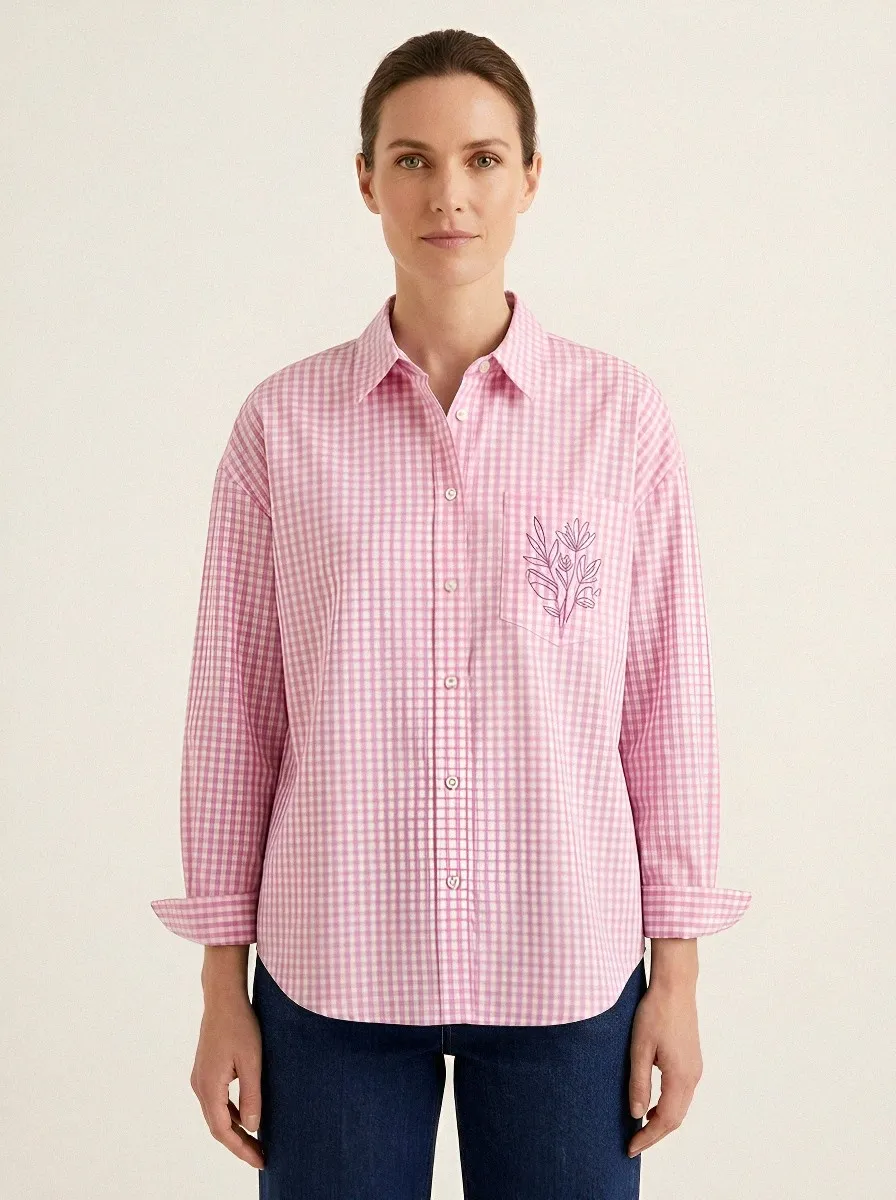 Women's Floral Nature Lover Blue Gingham Printed Shirt