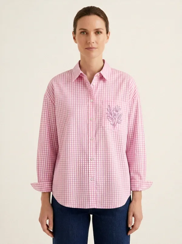 Women's Floral Nature Lover Blue Gingham Printed Shirt