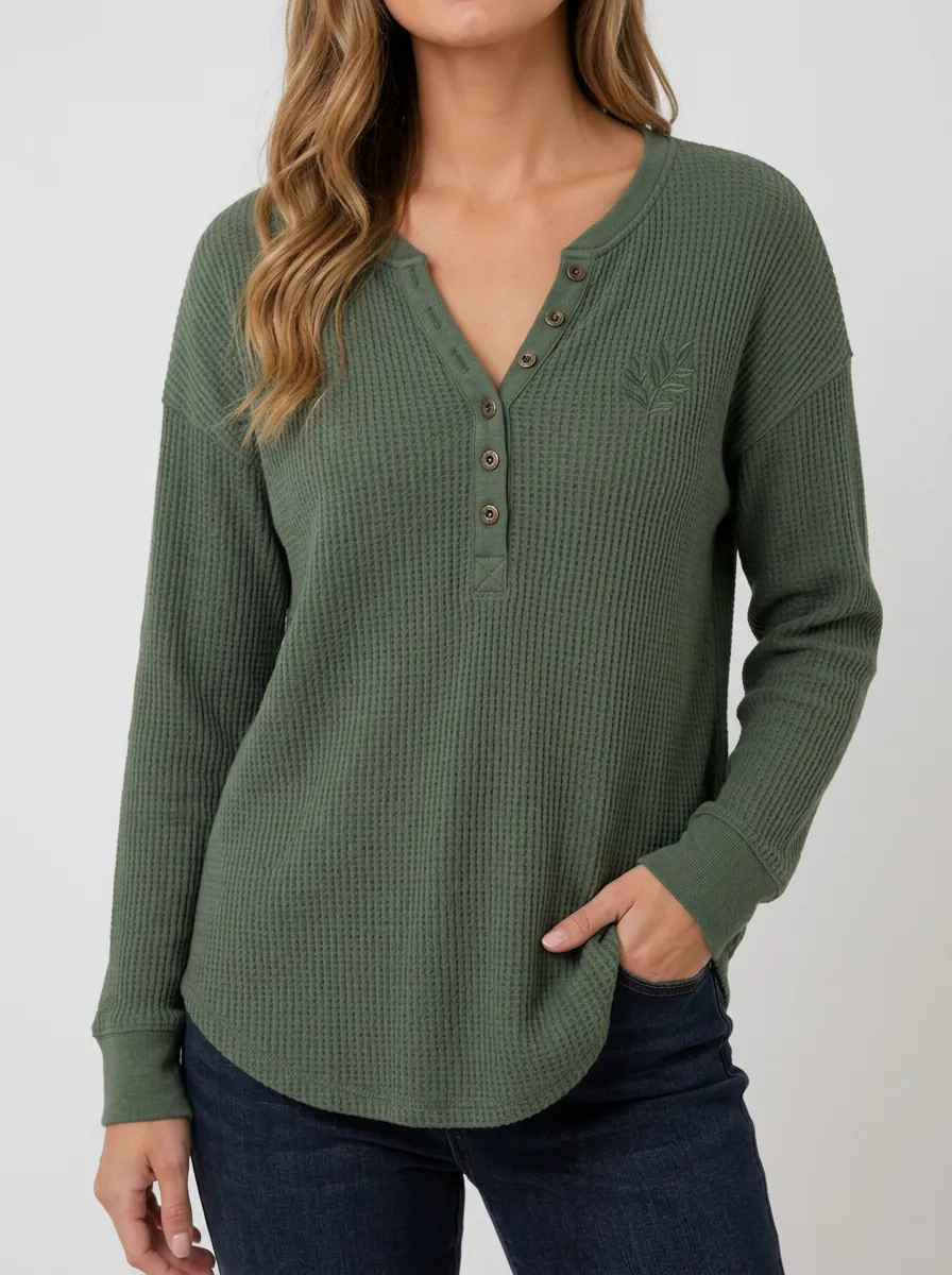 Textured Casual Leaf Embroidered Waffle Knit Henley Top
