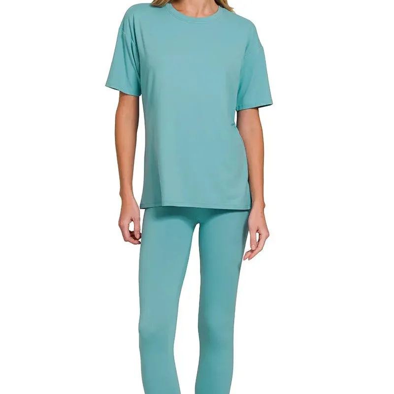 Brushed Dty Microfiber Short Sleeve Top and Pants Loungewear Set