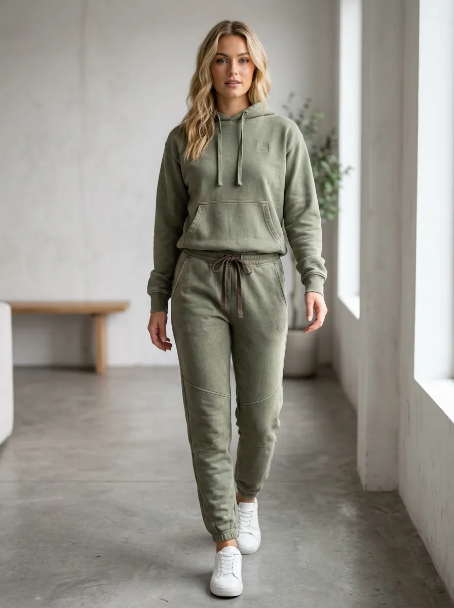 Women's Olive Pigment-Dyed Hoodie and Jogger Set