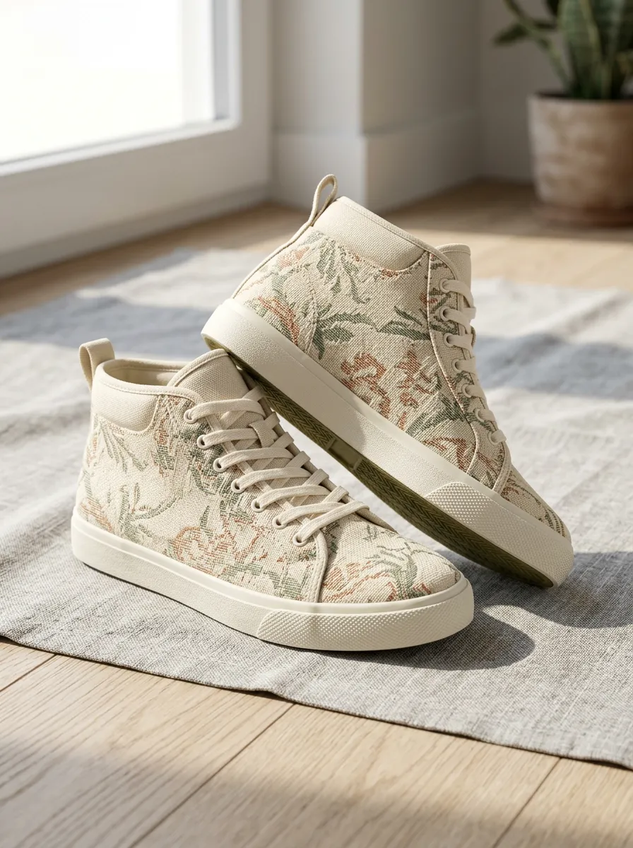 Women's Botanical Floral Beige Canvas Printed High Top Sneakers