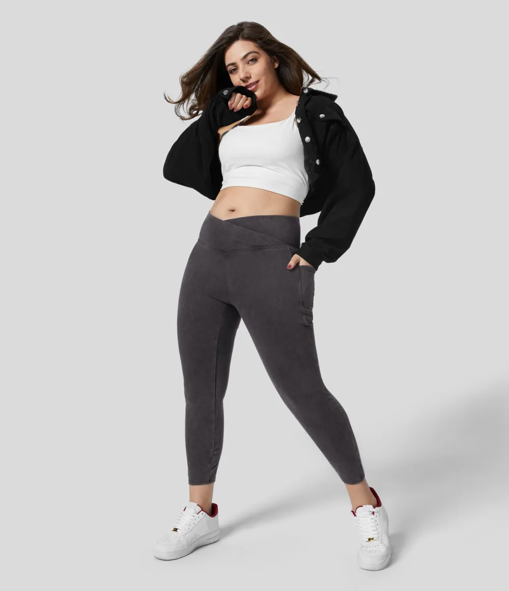 Magic Crossover Side Pocket Washed Stretchy Knit Denim Work Plus Size Leggings