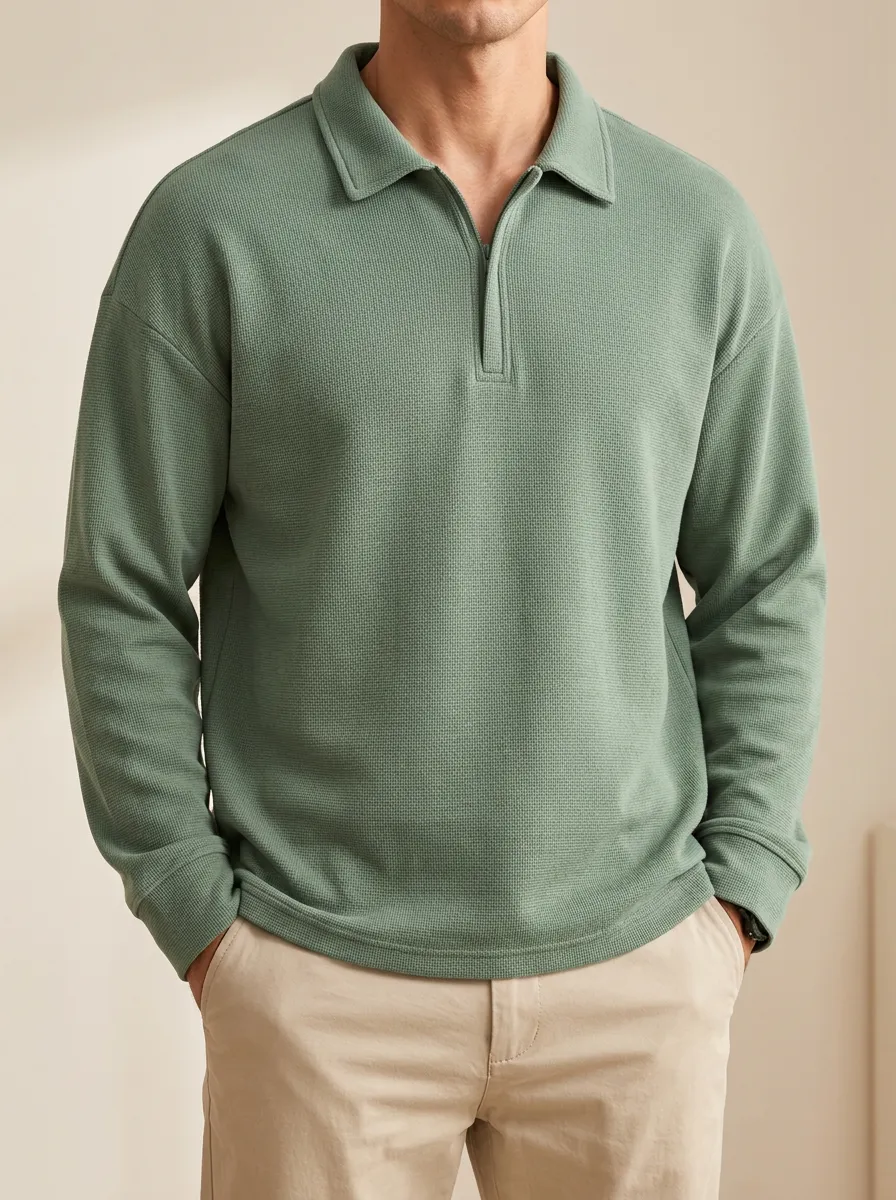 Waffle Knit Pullover with Quarter-Zip Closure for Layering Ready Wear
