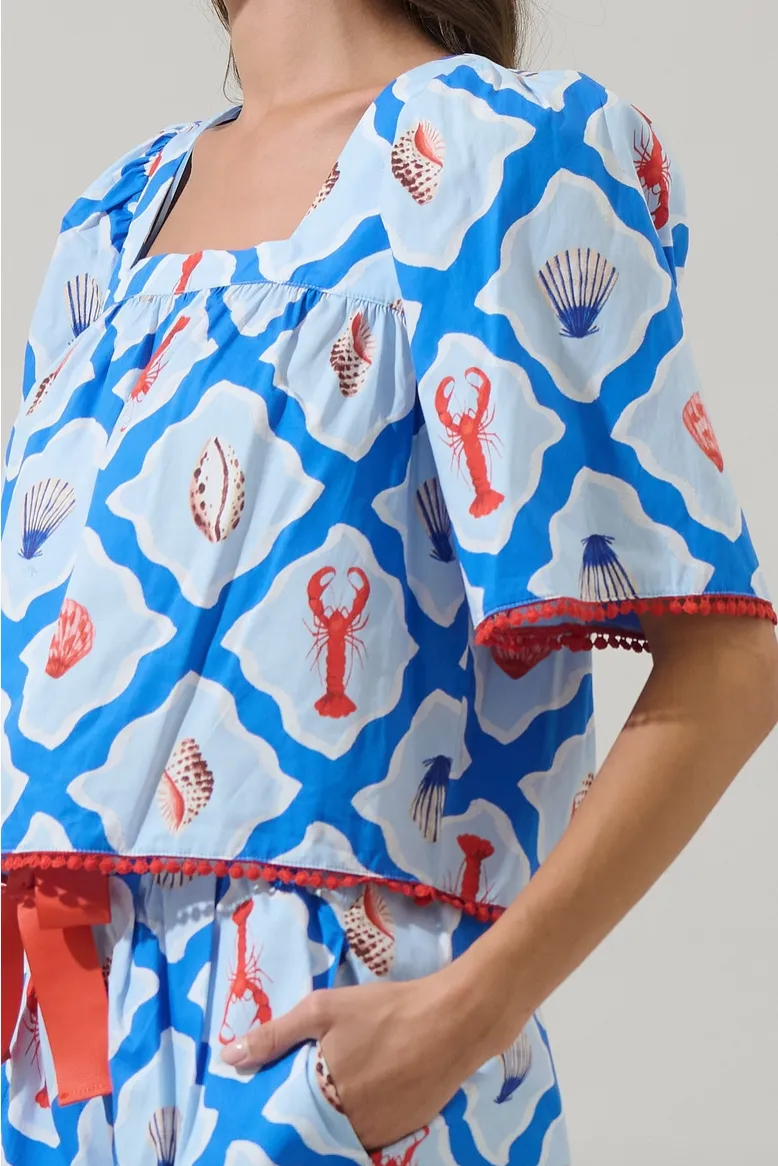 Lobster Bay Blue Print Bell Sleeve Blouse