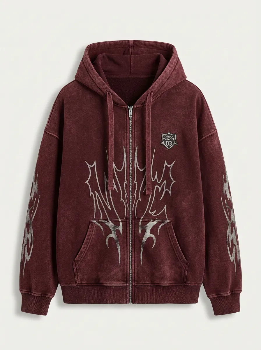 Unisex Streetwear Gothic Tribal Graphic Printed Zip-up Hoodie