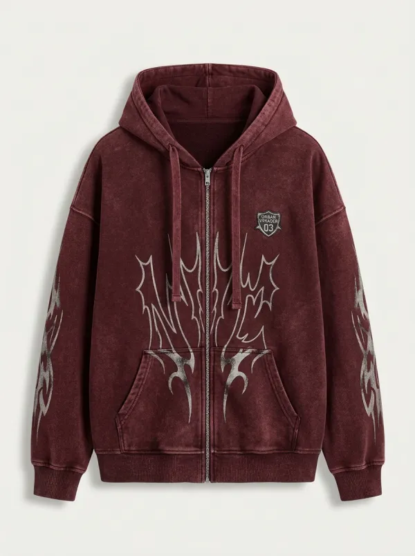 Unisex Streetwear Gothic Tribal Graphic Printed Zip-up Hoodie