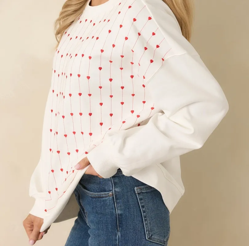 White Embroidered Heart Crewneck Sweatshirt