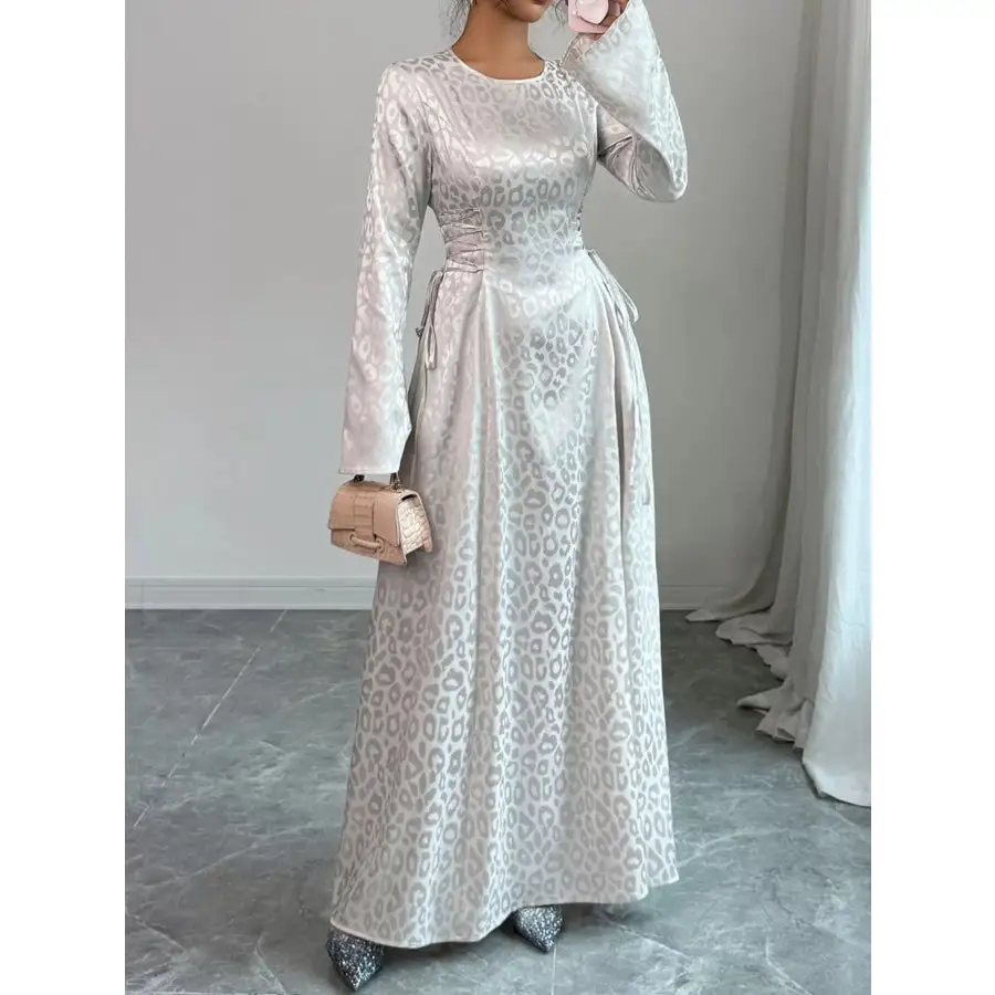 Leopard Lace Up Long Sleeve Maxi Dress