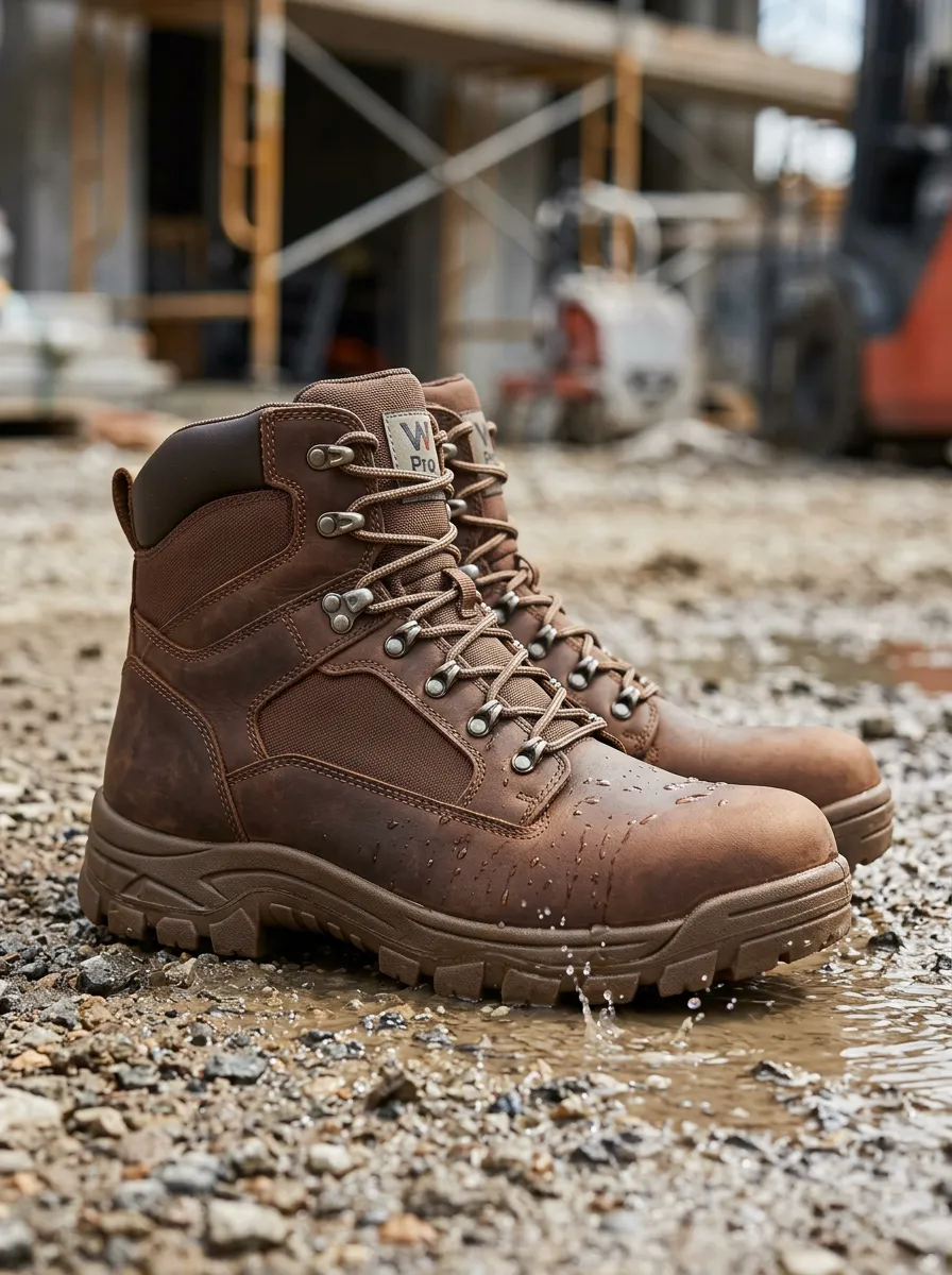 Men's Waterproof Brown Leather Construction Printed Work Boots
