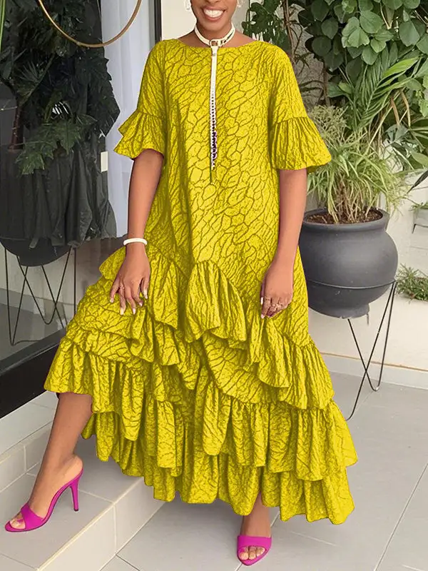 Pleated Printed Neck Maxi Dress