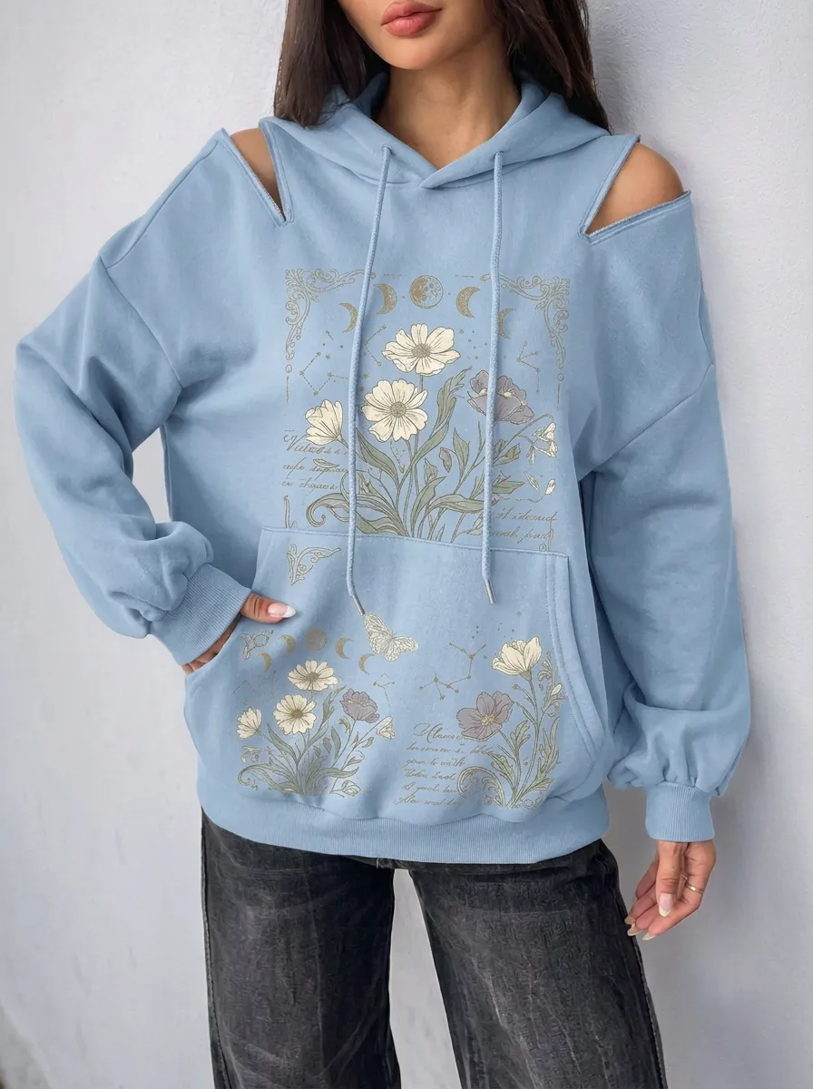 Women's Celestial Floral Butterfly Printed Cold Shoulder Hoodie