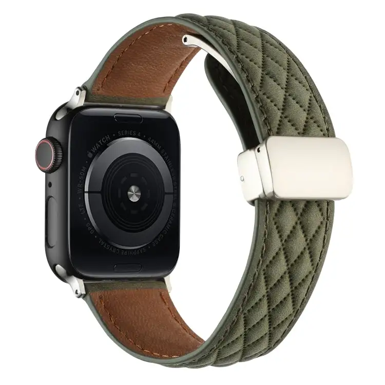 Rhombus Pattern Magnetic Folding Buckle Leather Watch Band for Watch Series 5 44 mm - Army Green