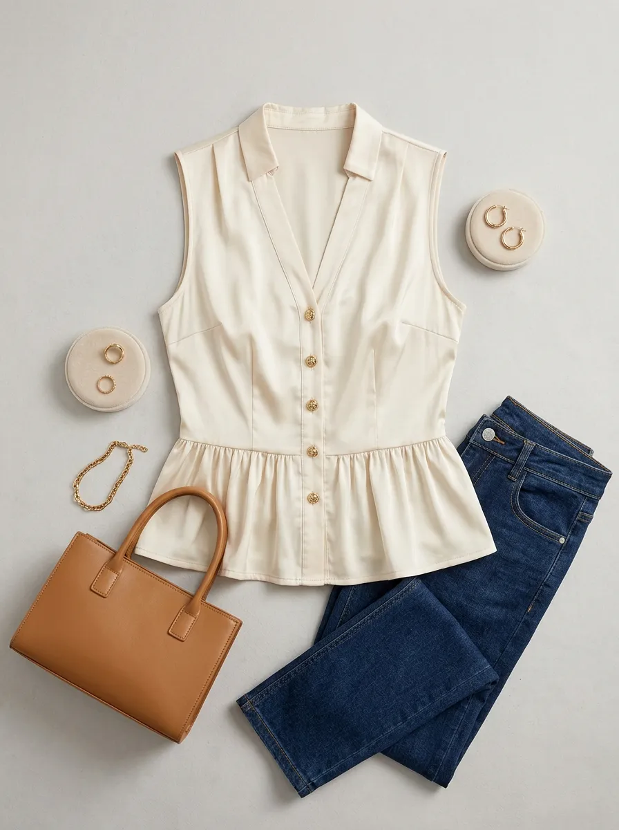 V-Neck Button Down Peplum Sleeveless Top