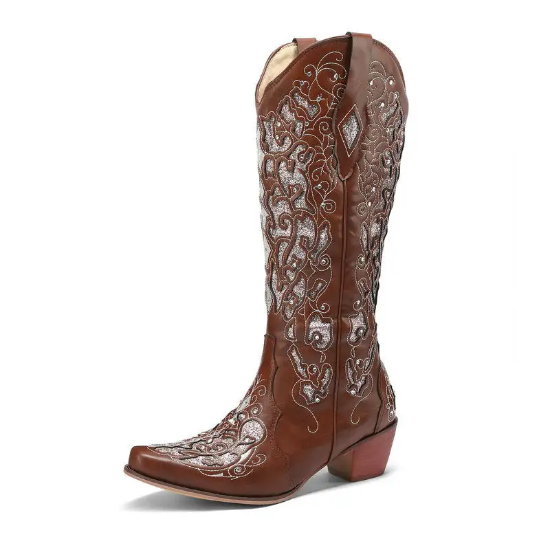 Rhinestone Embroidery Mid-Calf Cowboy Boots Western Boots