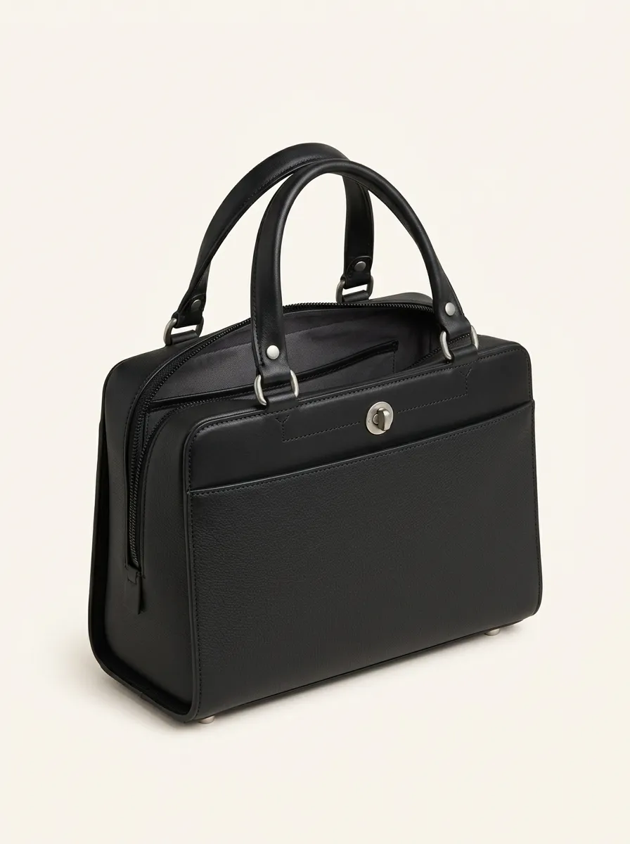 Women's Polished Turn Lock Detail Black Frame Style Handbag