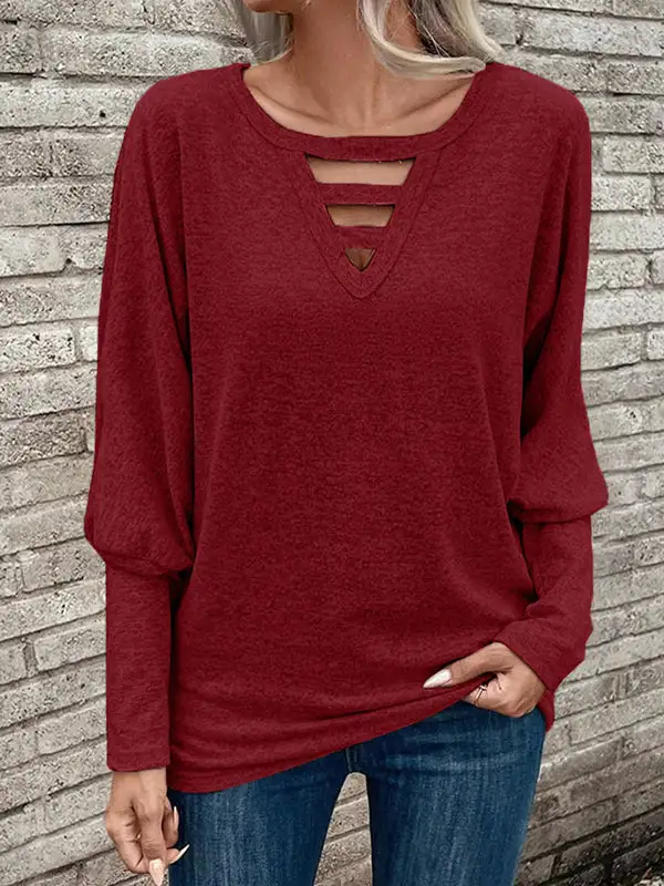 Long Sleeve Relaxed Cutout Panel Detail V-Neck Polyester T-Shirt