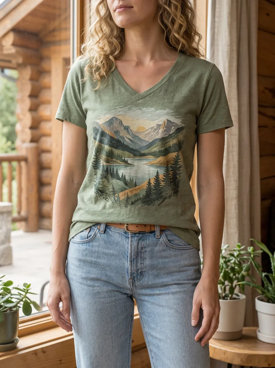 Women's Wilderness Nature Lover Mountain Lake Forest V-Neck T-Shirt