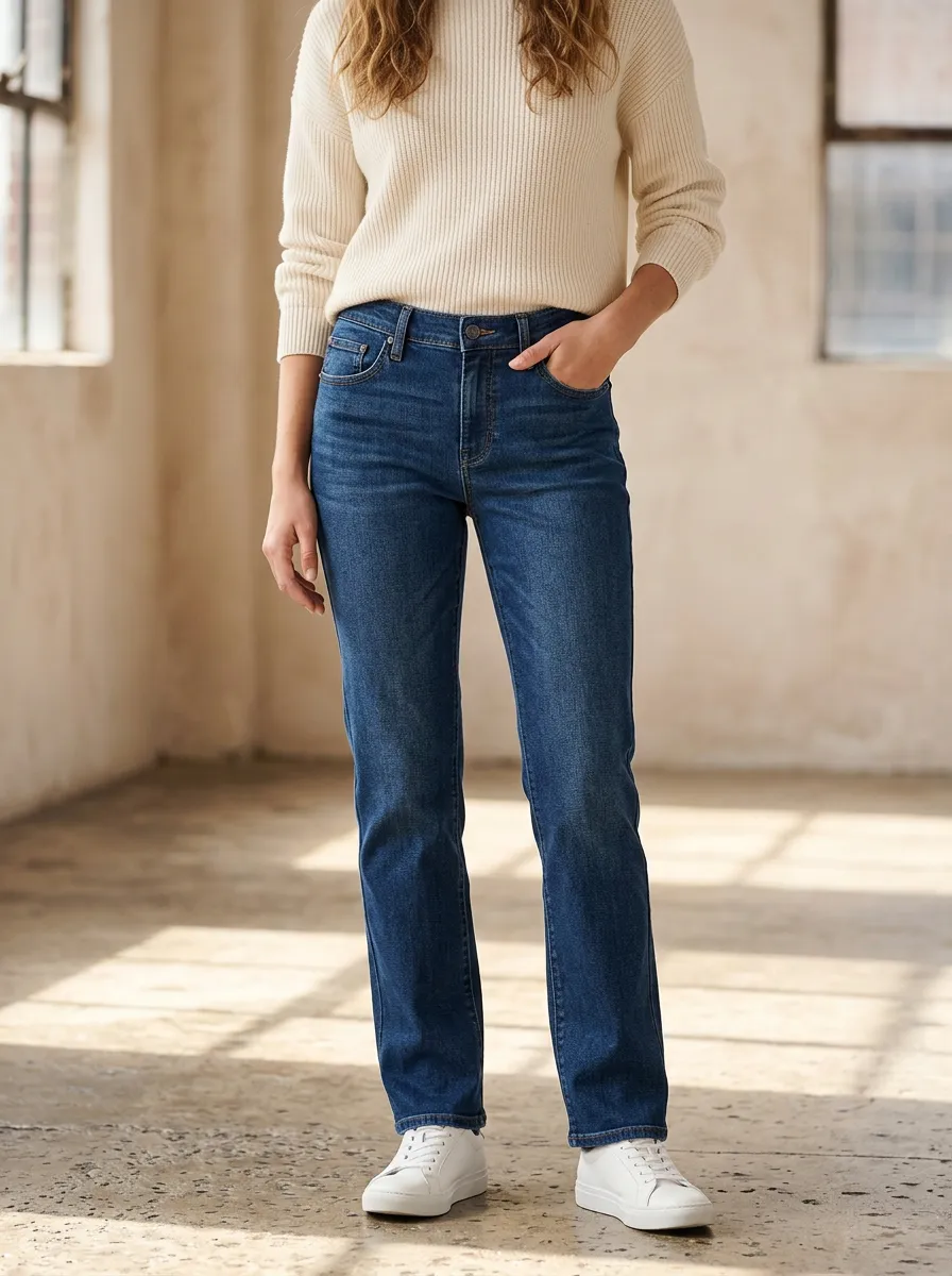 Women's Casual Daily Wear Dark Blue Denim Straight Leg Jeans