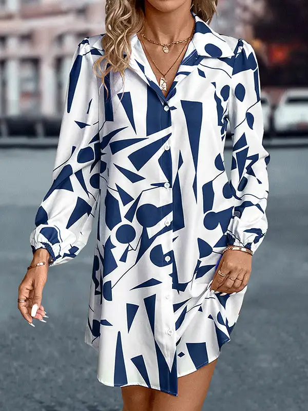 Relaxed Puff Sleeve Printed Split Joint Lapel Mini Dress Shirt Dress