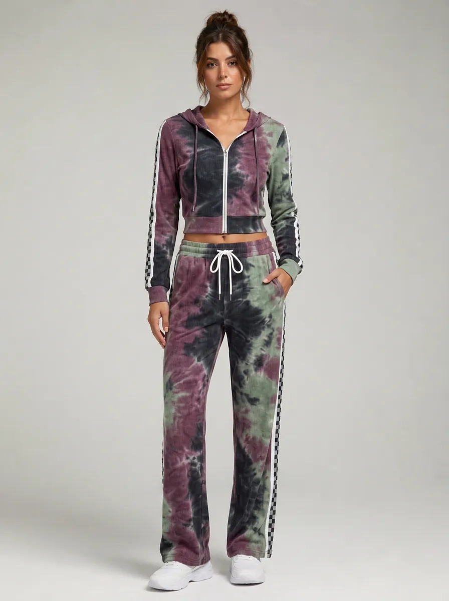 Women's Tie-Dye Checkerboard Side-Stripe Printed Tracksuit