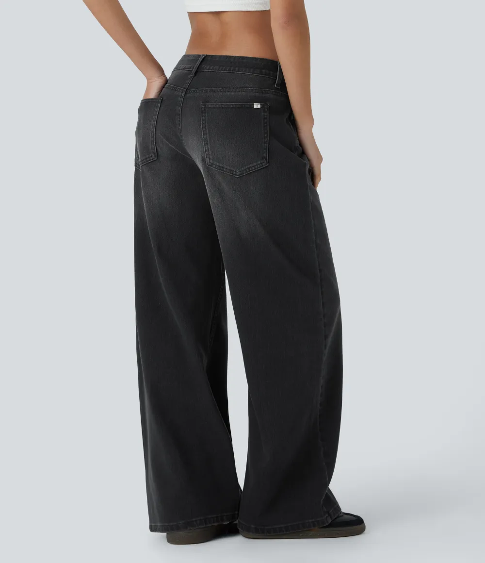 Asymmetric Low Rise Zipper Pockets Baggy Wide Leg Washed Casual Jeans