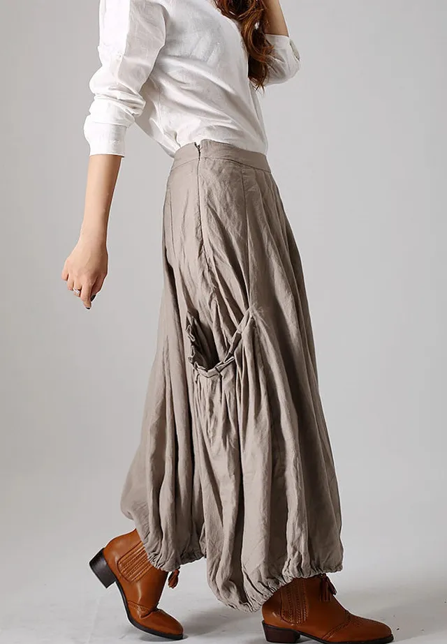 Structured Linen Pleated Pocketed Maxi Skirt