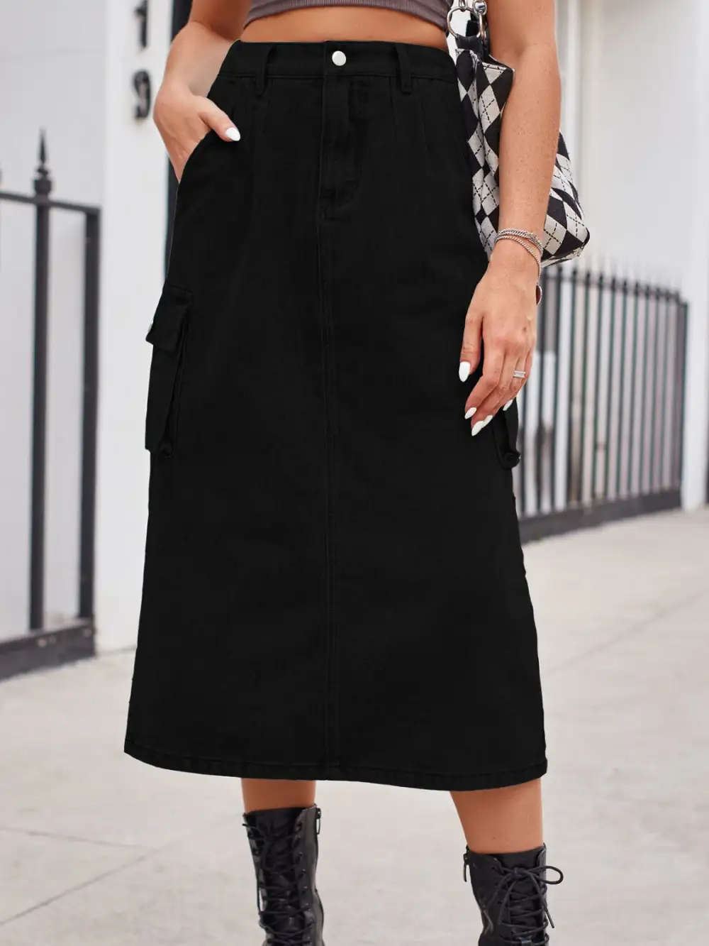 Simple Button Front Denim Detail Skirt