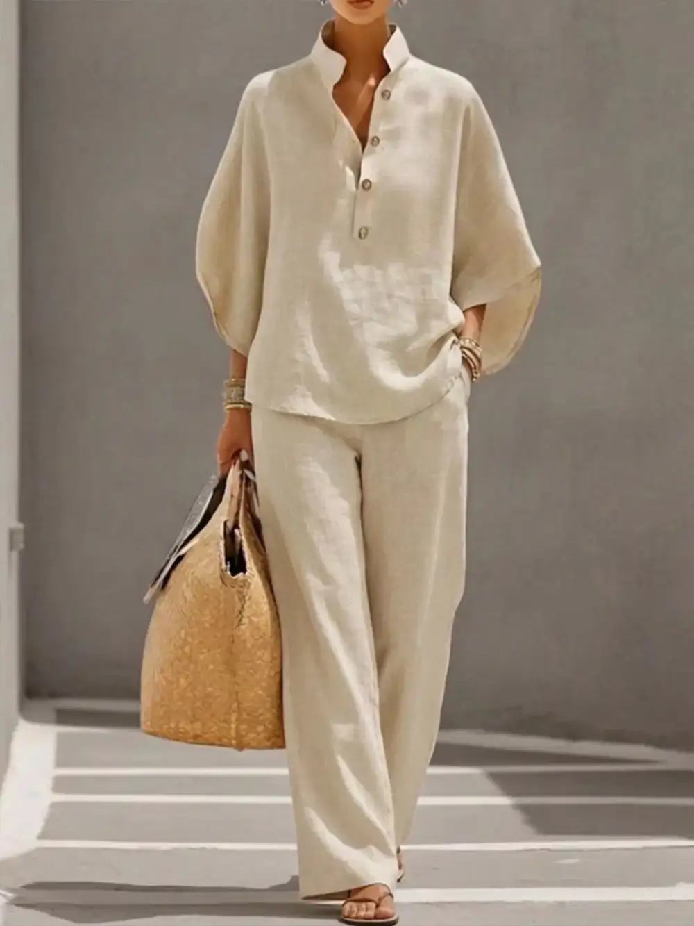 Full Size Button Detail Sleeve Top and Pants Set Plus Size