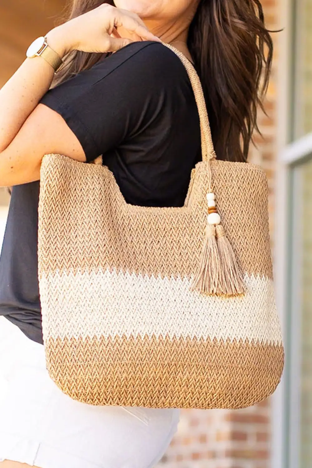 Color Block Straw Woven Tassel Decor Tote Bag