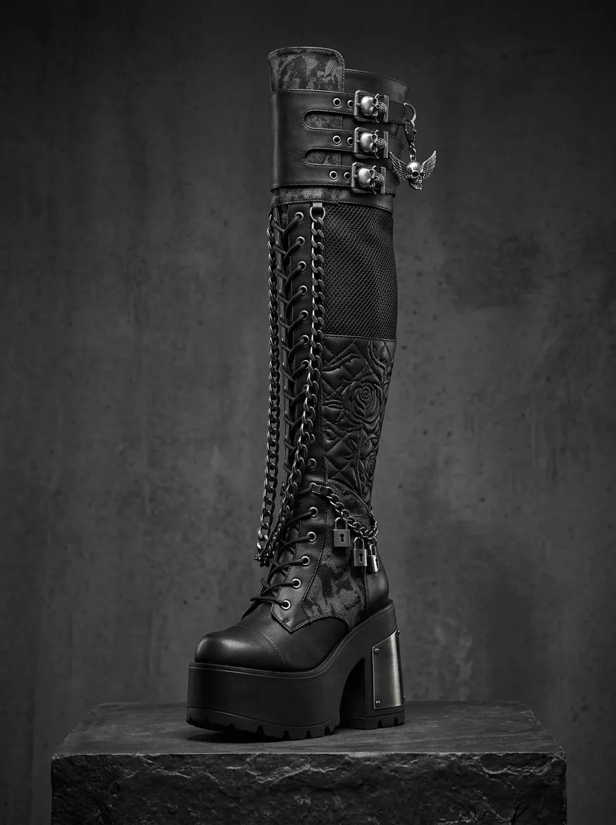 Dark Skull Rose Chain Gothic Edit Women's Gothic Platform Knee High Boots