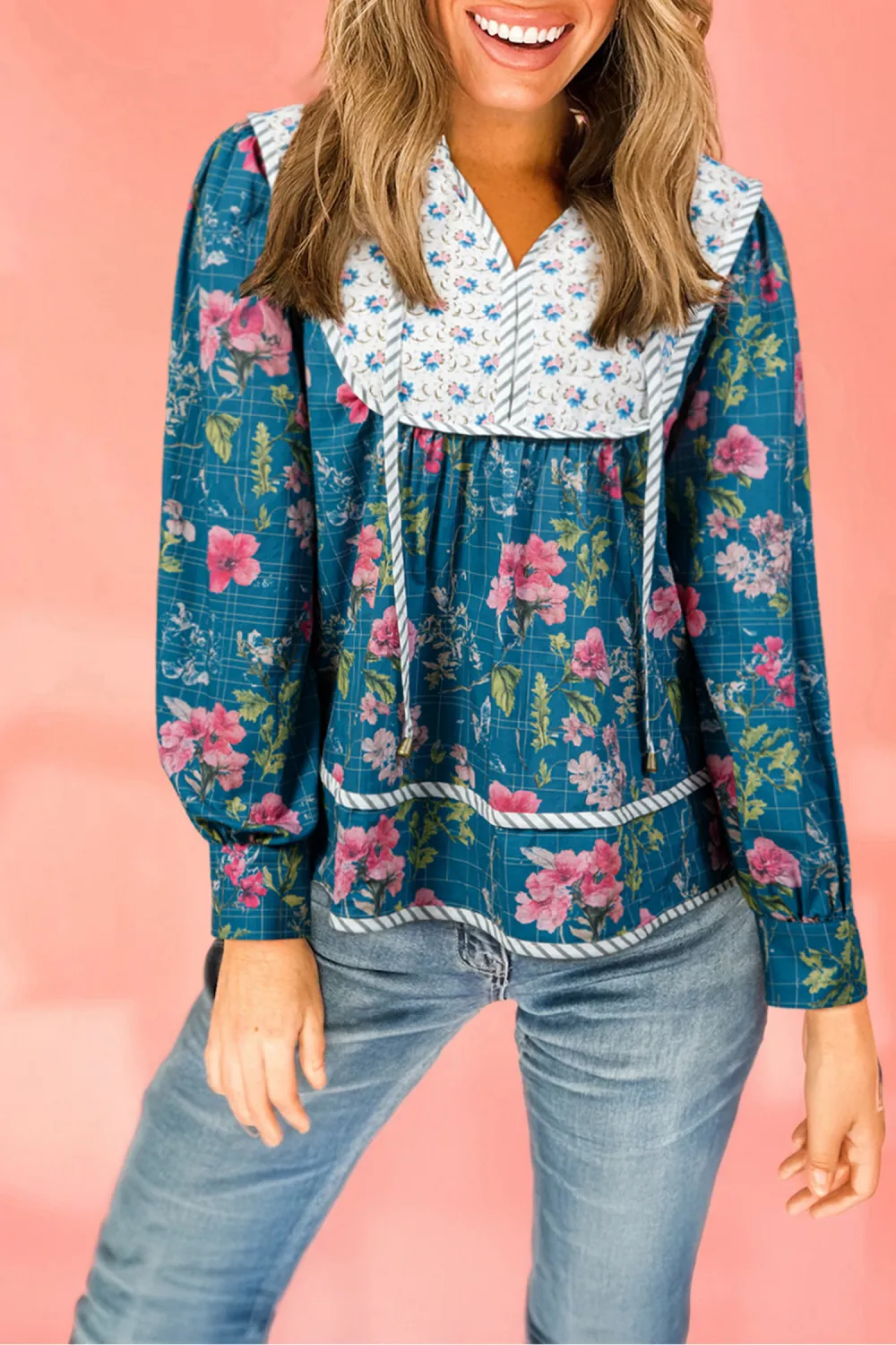 Sky Blue Floral Print Contrast Blouse